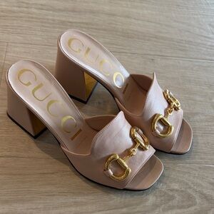 Gucci Blush Leather Mules with Gold Accents